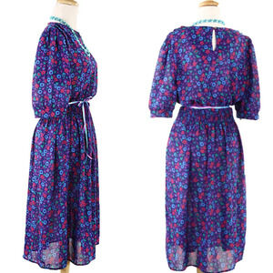 Vintage 80s Day Dress Flowy Blue Pink Graphic Print Elastic Waist Sz M - Hey Viv